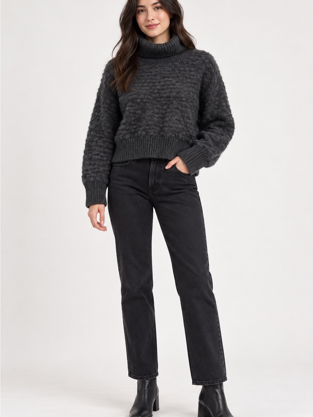 Double Zero Charcoal Bubble Knit Turtleneck Sweater